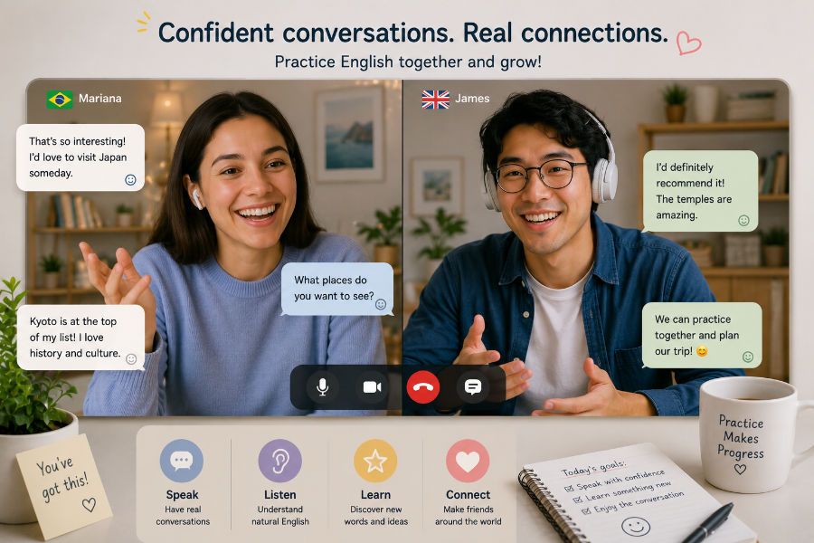 Two language partners having a friendly and confident English conversation online