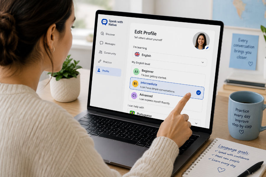 Language learner choosing English level beginner intermediate or advanced in an online language exchange profile