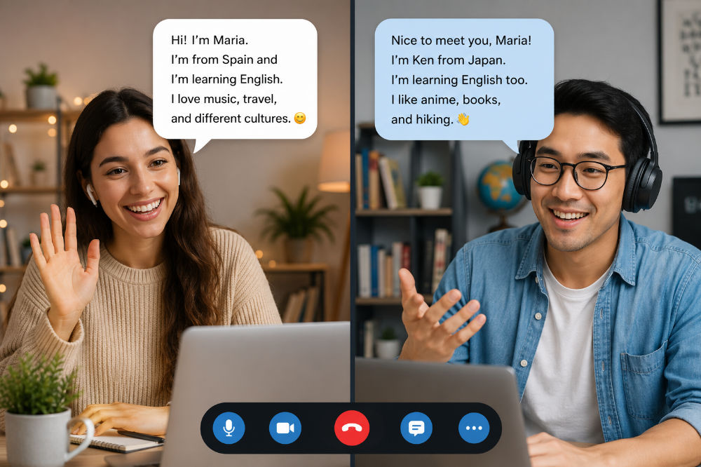 Two people introducing themselves in English during an online language exchange conversation