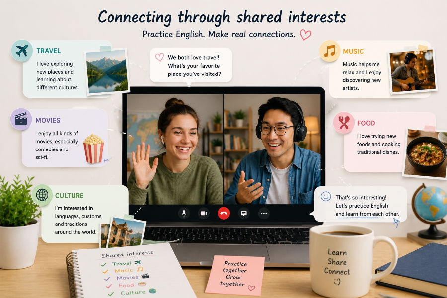 People connecting online through shared interests like travel music movies food and culture while practicing English