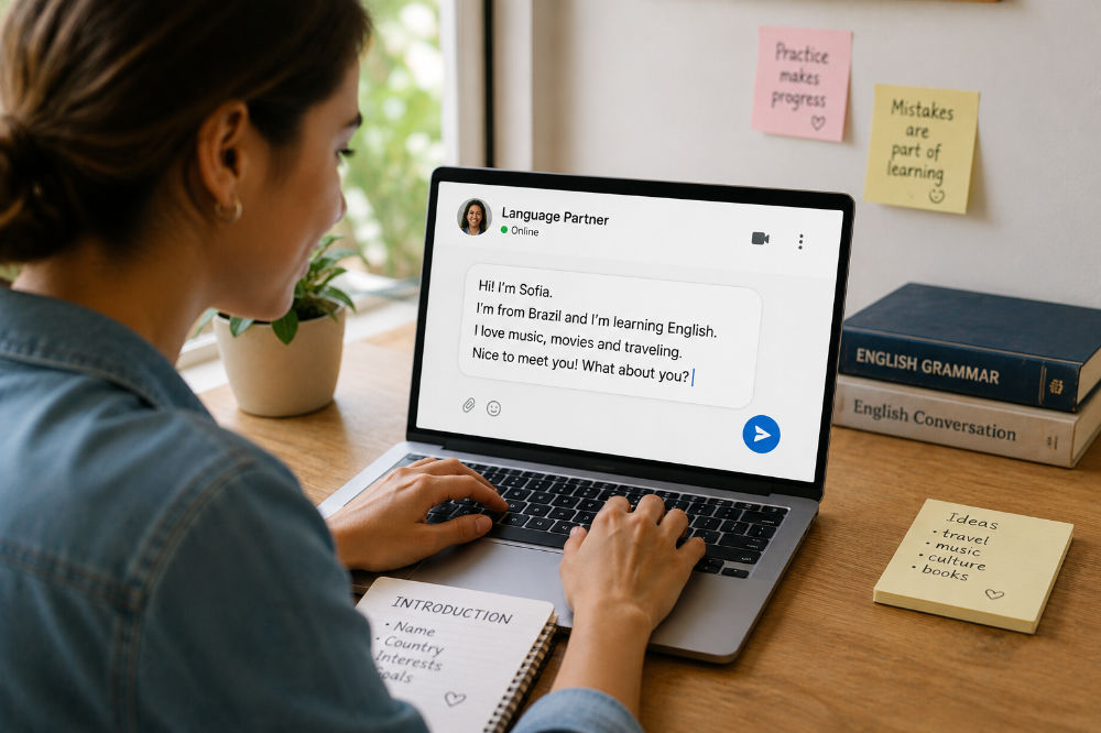 A language learner writing a simple and natural English introduction message on a laptop