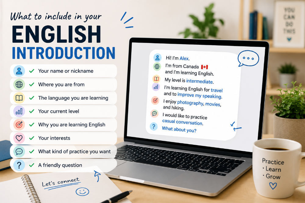 Checklist of what to include when introducing yourself in English online