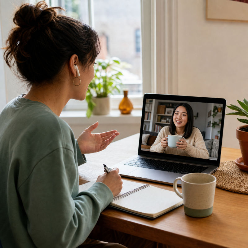 Two language partners having a relaxed online English conversation